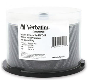 Verbatim DVD-R 4.7GB 16x White Wide Inkjet Printable 50pk on Spindle