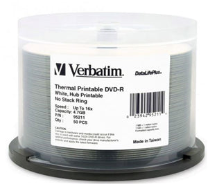 Verbatim DVD-R 4.7GB 16x Wht Wide Thermal Printable 50 Pack on Spindle