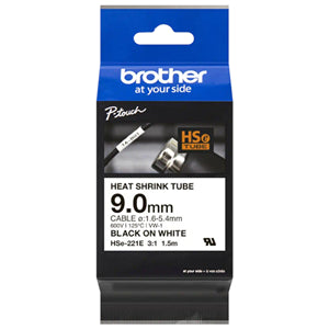 Brother HSe-221E 9.0mm x 1.5m Black on White Heat Shrink Tape